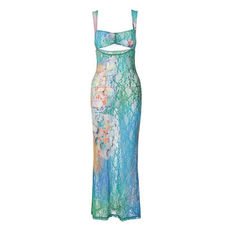 Hollow out butterfly pattern lace tie dye maxi dress