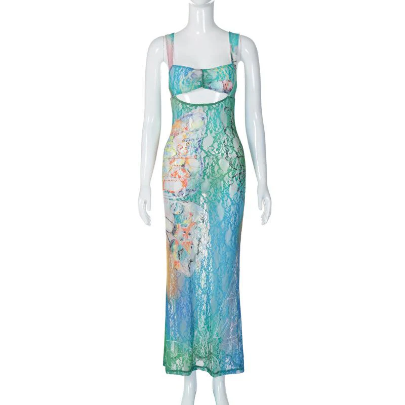 Hollow out butterfly pattern lace tie dye maxi dress - Image 2