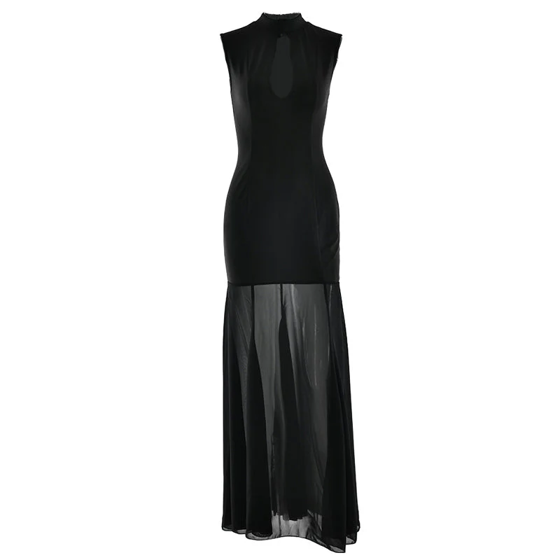 Hollow out crewneck zip-up sleeveless maxi dress