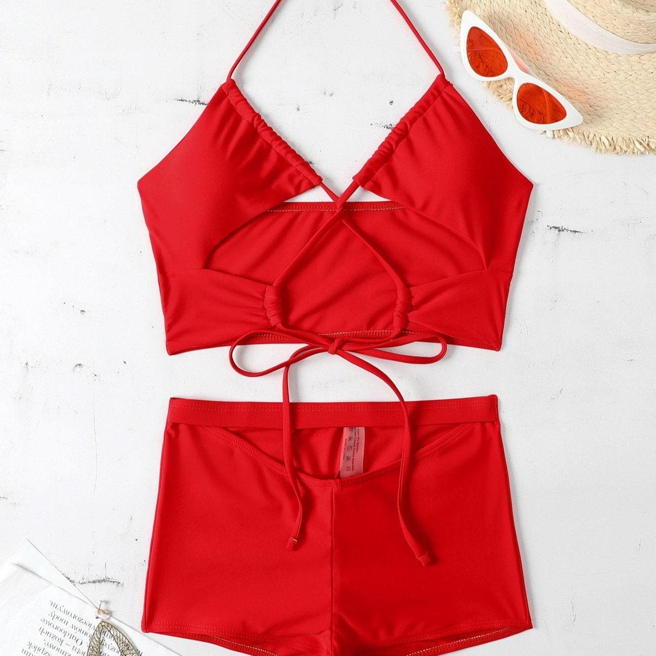 Hollow out cross tie high waisted 2 piece bikini set - Image 4