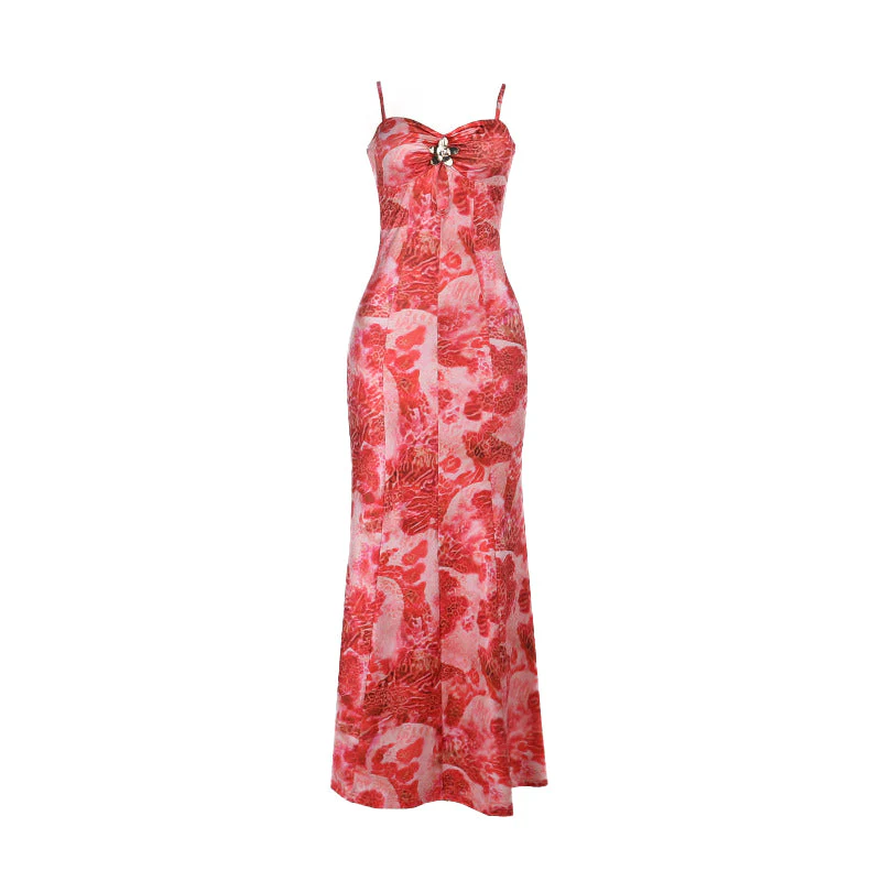Hollow out flower applique print cami maxi dress