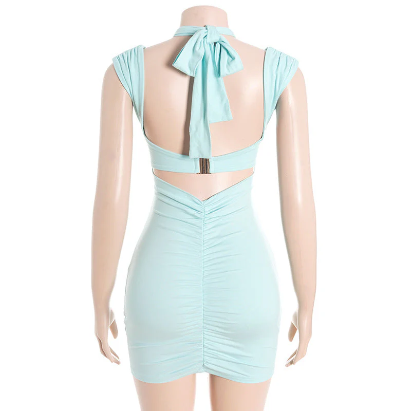Hollow out halter self tie ruched mini dress - Image 4