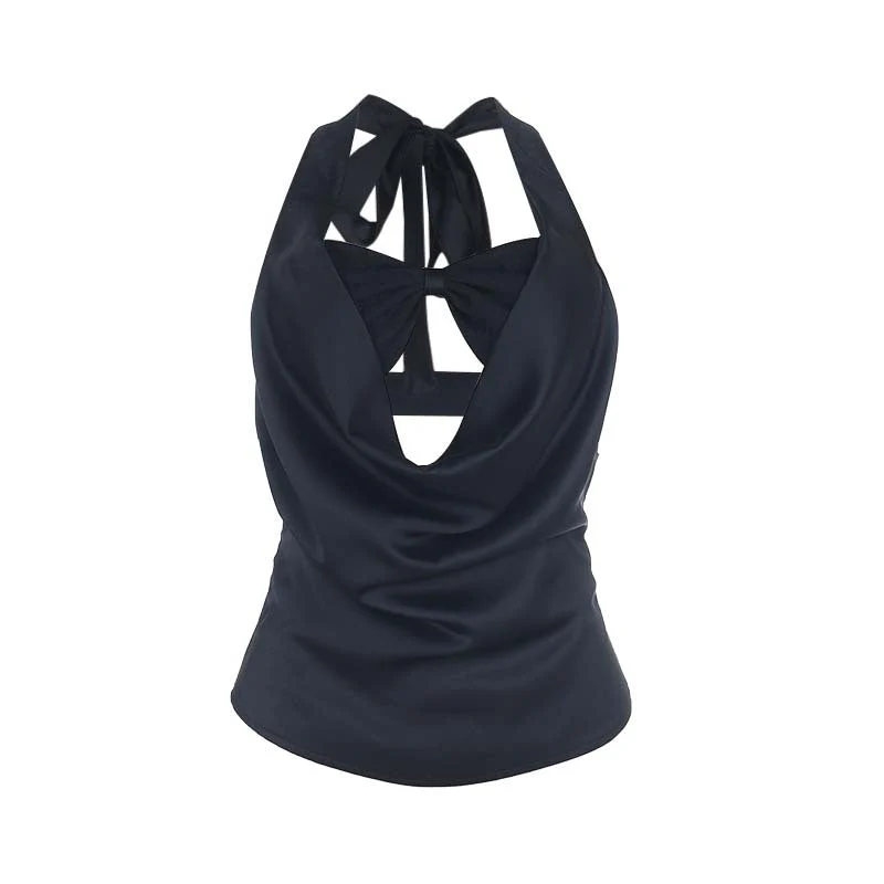Hollow out halter self tie zip-up backless top