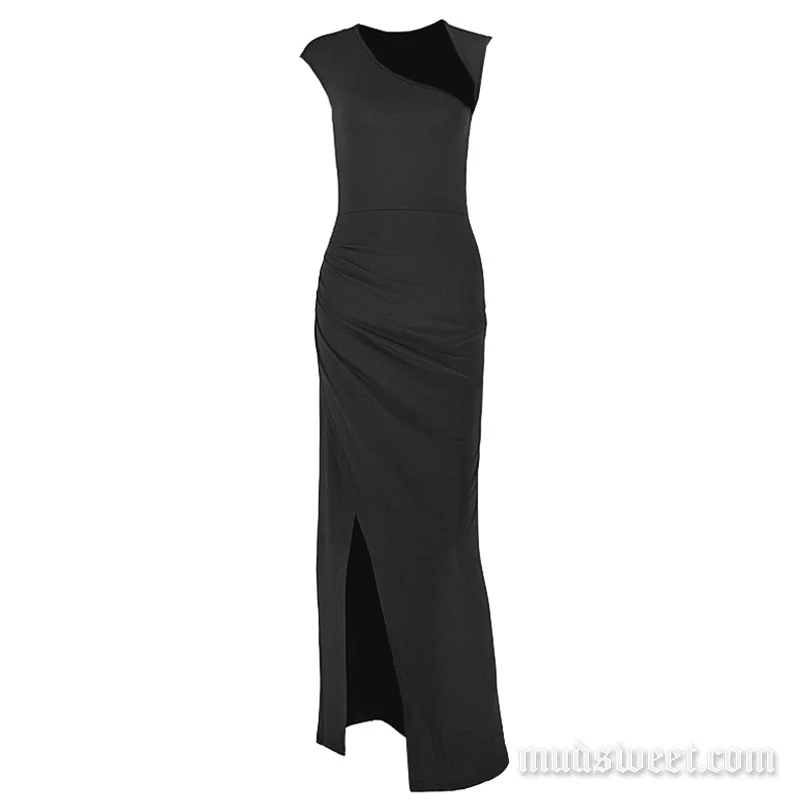 Hollow out irregular slit ruched maxi dress