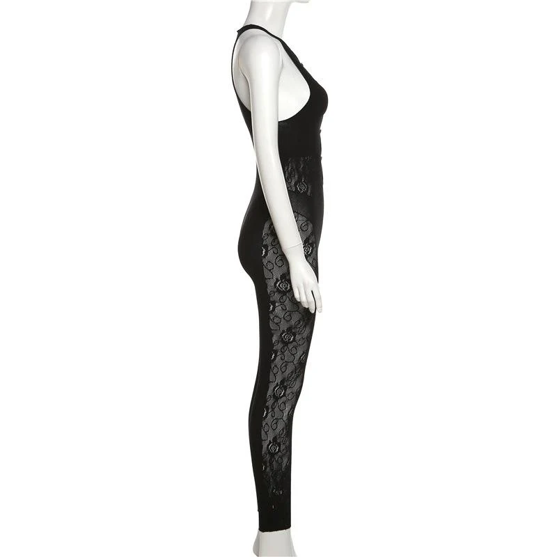 Hollow out lace crewneck button sleeveless solid jumpsuit cyberpunk Sci-Fi Fashion - Image 3