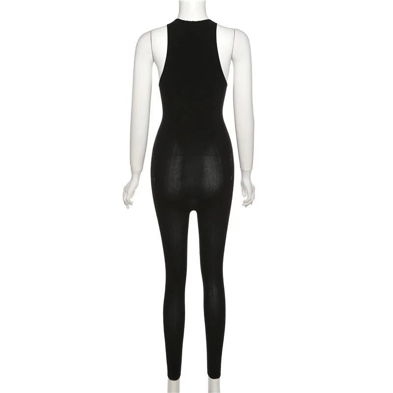 Hollow out lace crewneck button sleeveless solid jumpsuit cyberpunk Sci-Fi Fashion - Image 4