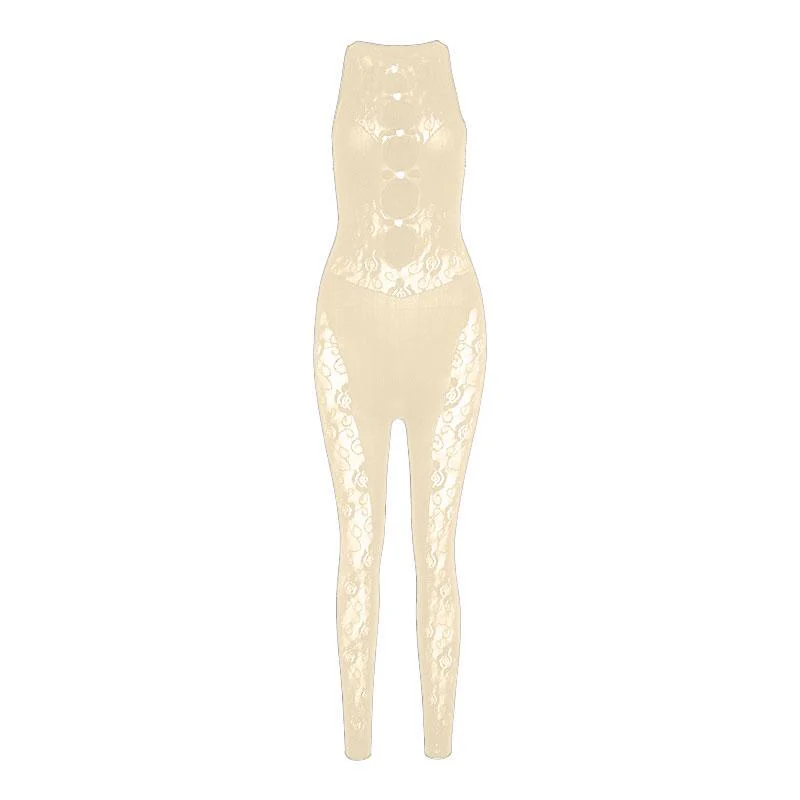 Hollow out lace crewneck button sleeveless solid jumpsuit cyberpunk Sci-Fi Fashion - Image 9