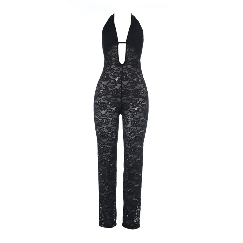 Hollow out lace halter self tie backless jumpsuit