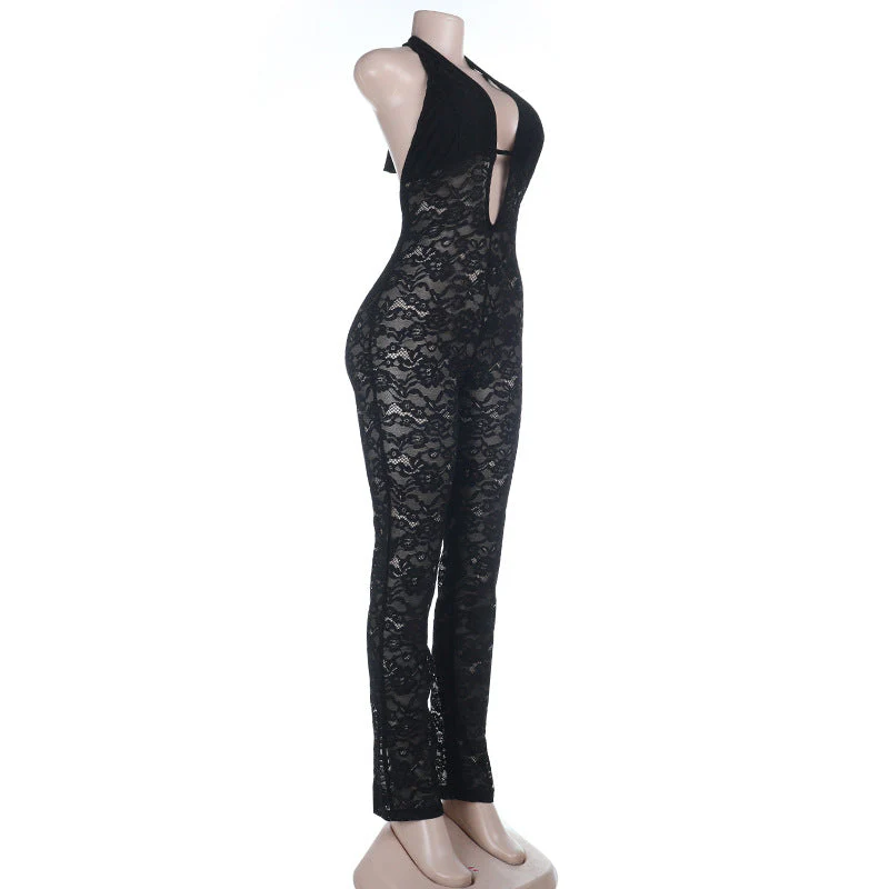 Hollow out lace halter self tie backless jumpsuit - Image 3