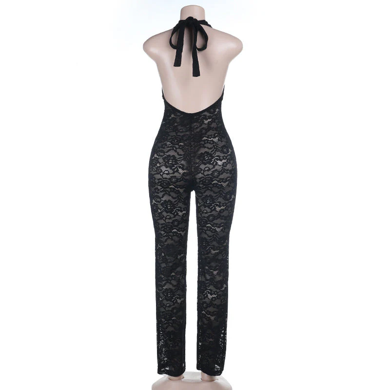 Hollow out lace halter self tie backless jumpsuit - Image 4