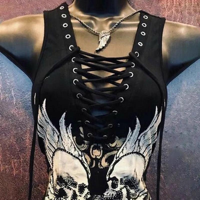 Hollow out lace up skull print sleeveless mini dress - Image 2