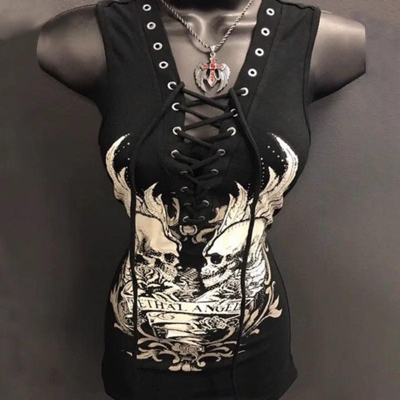 Hollow out lace up skull print sleeveless mini dress - Image 3