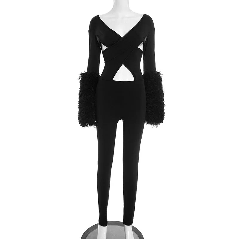 Hollow out long sleeve fluffy v neck jumpsuit - Image 3