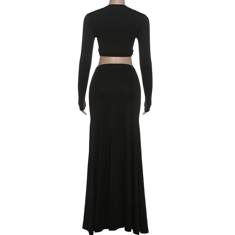 Hollow out long sleeve o ring slit maxi skirt set - Image 5