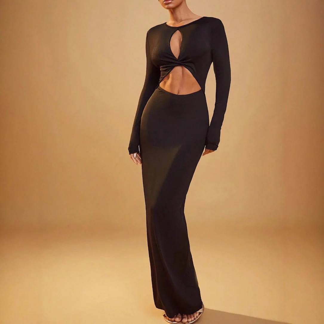 Hollow out long sleeve round neck slit maxi dress