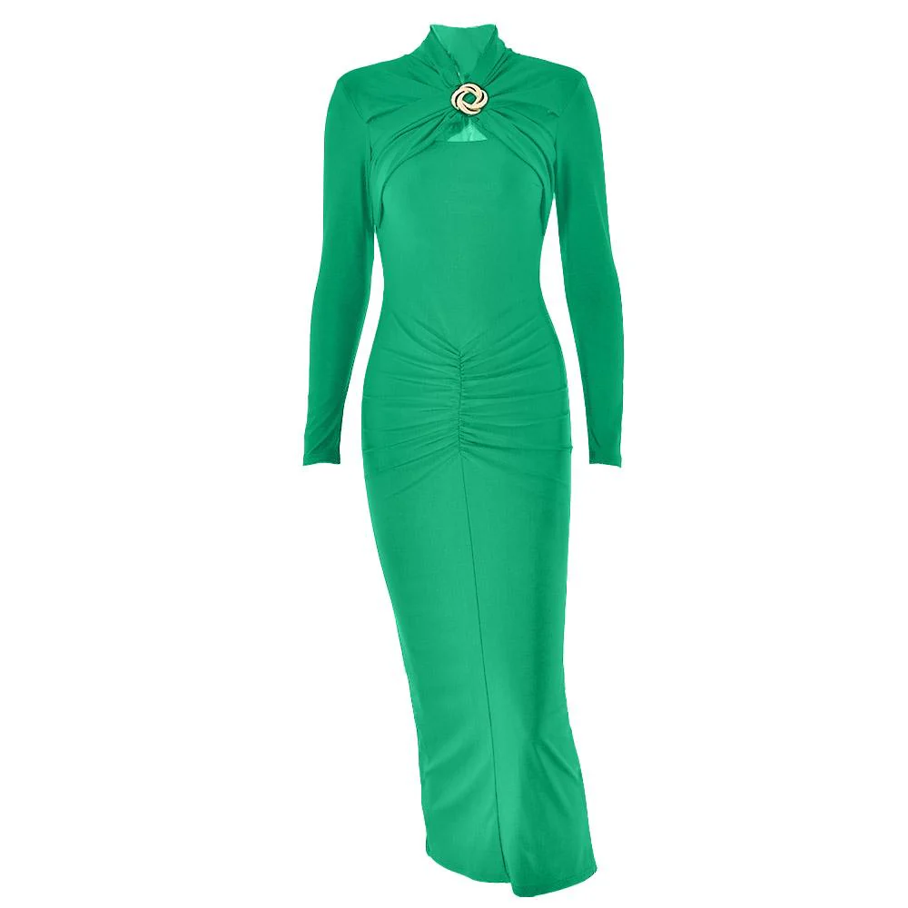 Hollow out long sleeve ruched slit solid midi dress - Image 3