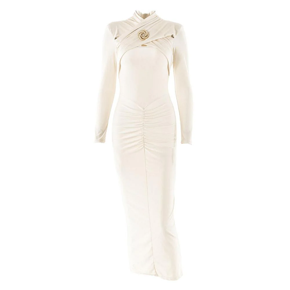 Hollow out long sleeve ruched slit solid midi dress - Image 4
