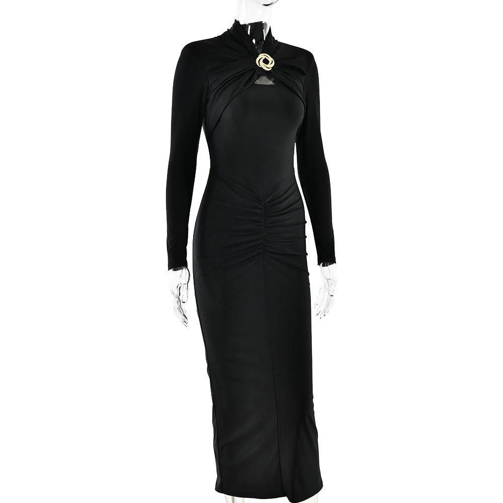 Hollow out long sleeve ruched slit solid midi dress - Image 5