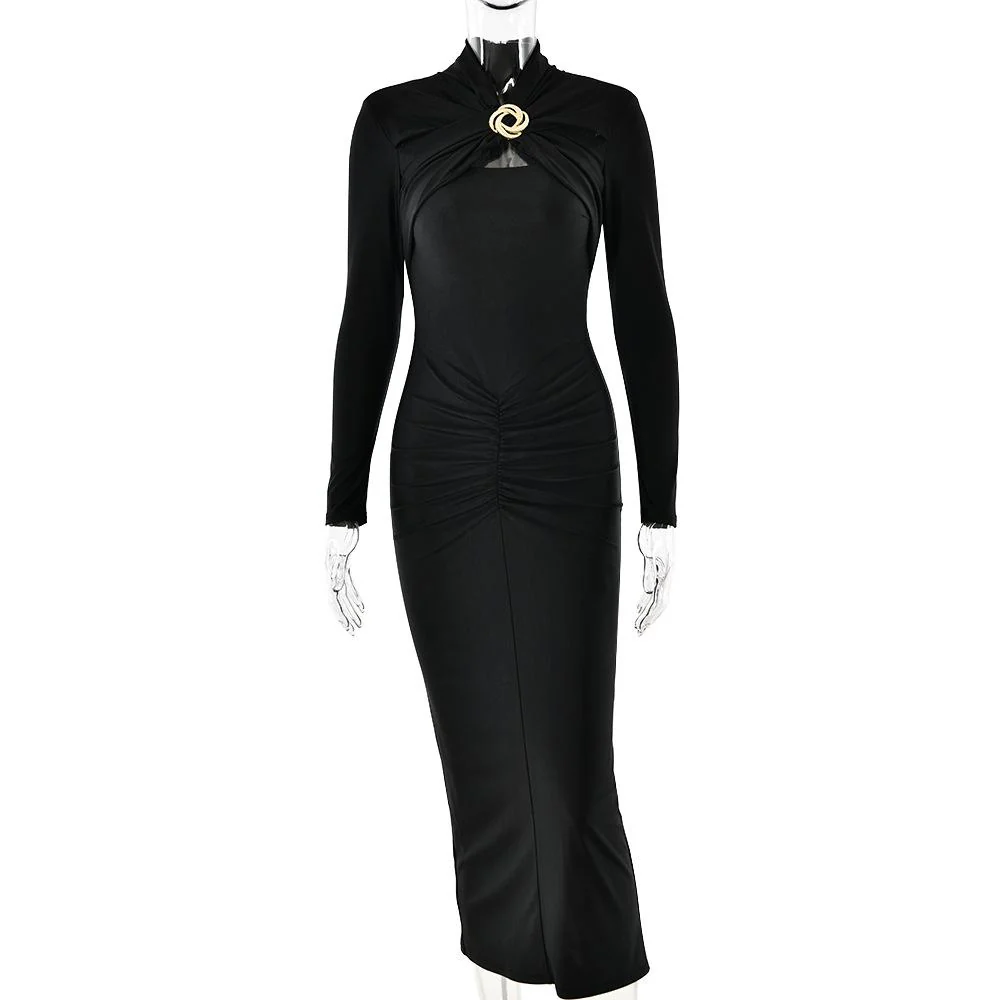 Hollow out long sleeve ruched slit solid midi dress - Image 7