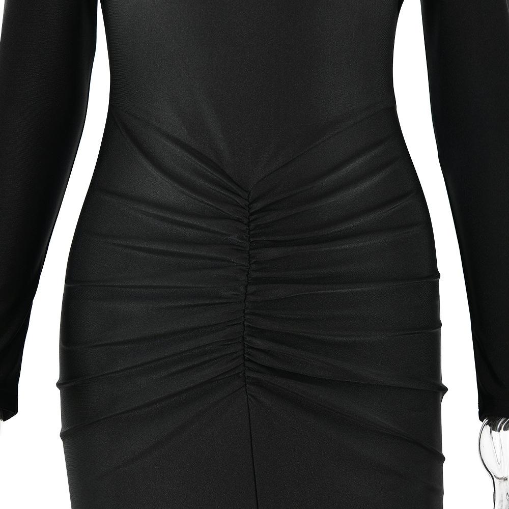 Hollow out long sleeve ruched slit solid midi dress - Image 9