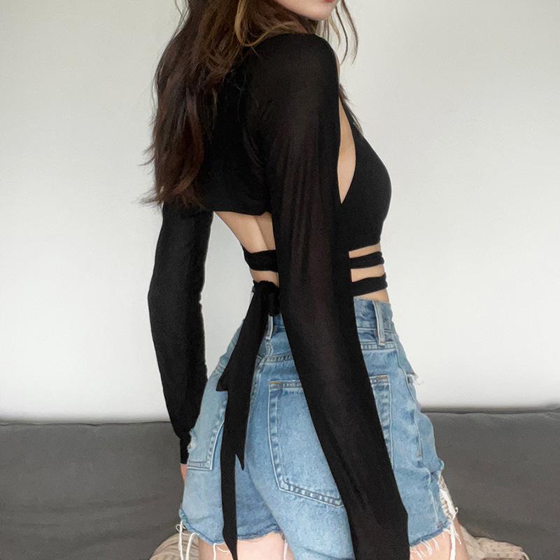 Long sleeve halter solid high neck cross front self tie 2 piece crop top goth Alternative Darkwave Fashion goth Emo Darkwave Fashion - Image 4