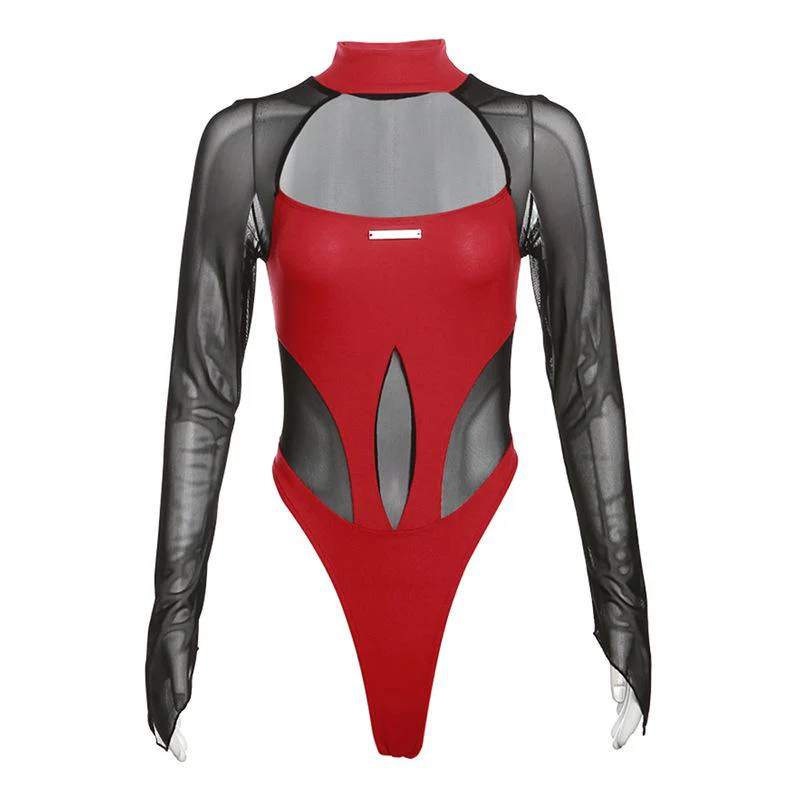 Hollow out mesh patchwork long sleeve contrast bodysuit - Image 7