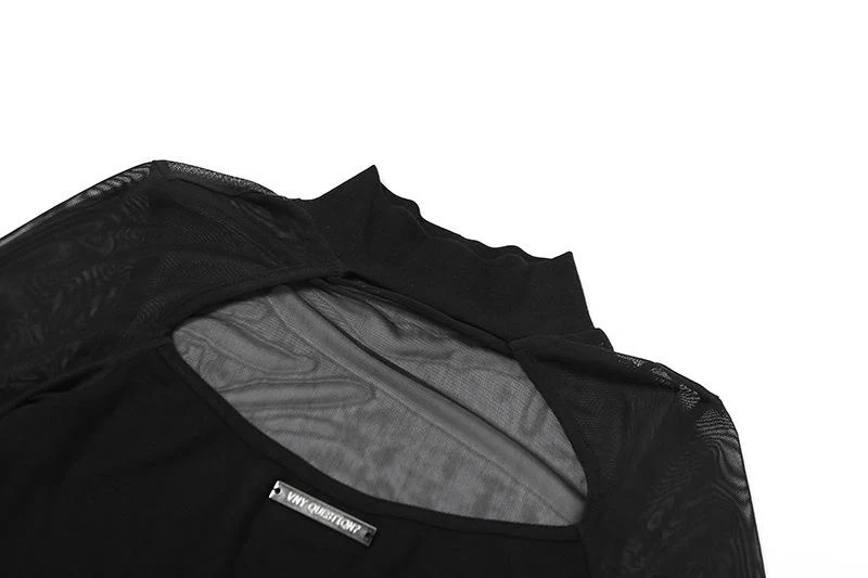 Hollow out mesh patchwork long sleeve contrast bodysuit - Image 9