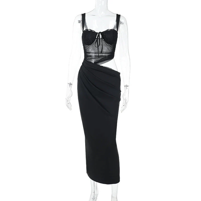 Hollow out mesh ruched cami maxi dress - Image 2