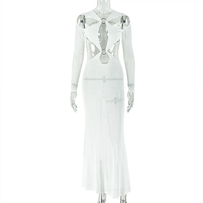 Hollow out o ring long sleeve mesh maxi dress - Image 2