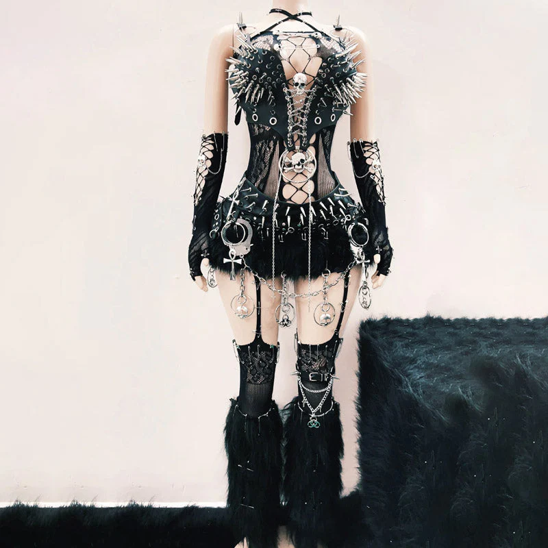 Hollow out rivet applique metal chain o ring top without fishnet dress