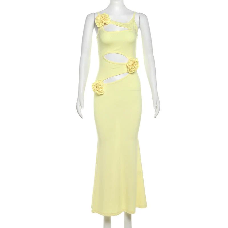 Hollow out rose applique solid cami maxi dress - Image 6