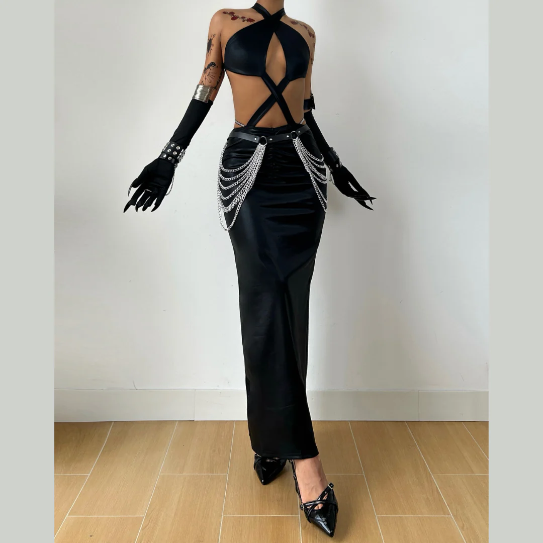 Hollow out ruched cross back backless maxi dress