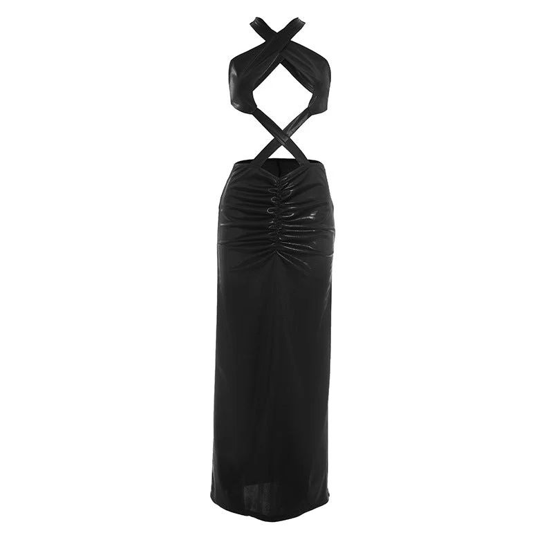 Hollow out ruched cross back backless maxi dress - Image 3