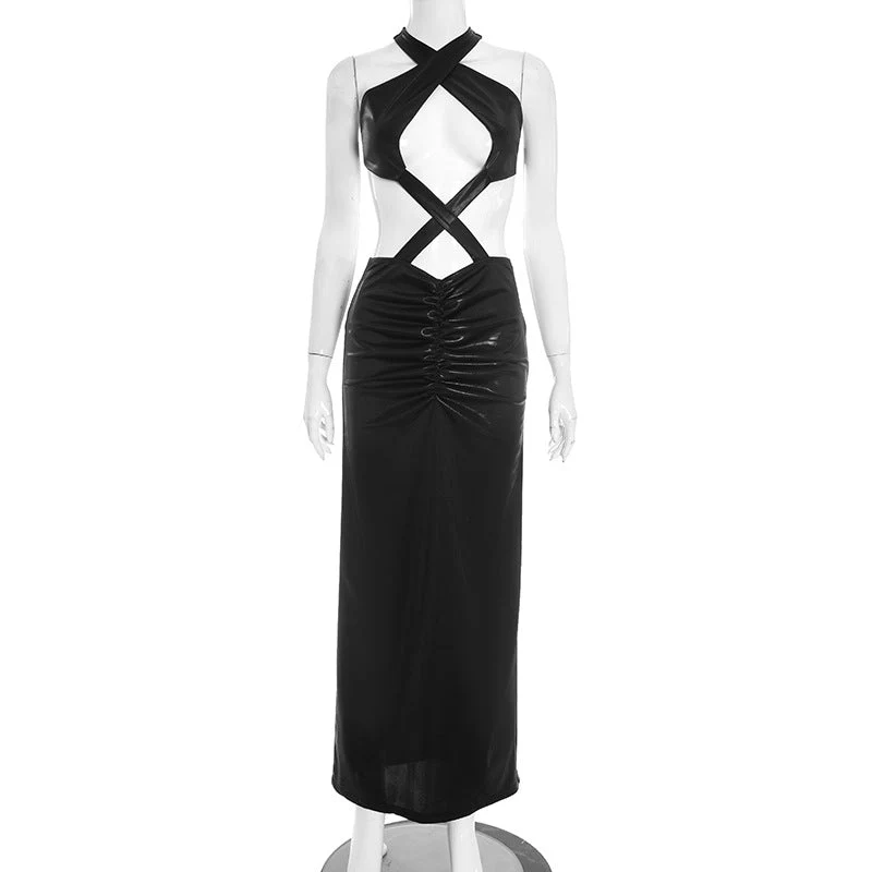 Hollow out ruched cross back backless maxi dress - Image 4