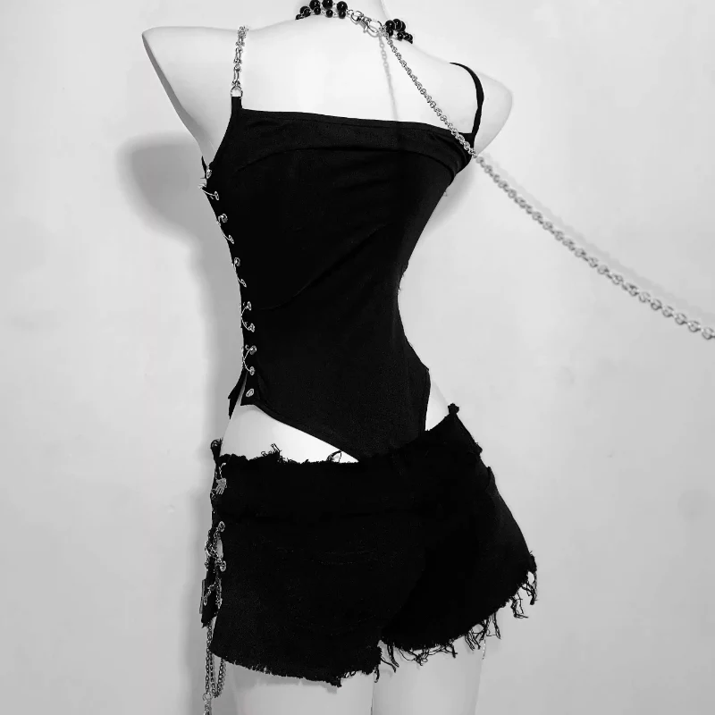 Hollow out v neck print metal chain cami bodysuit - Image 8