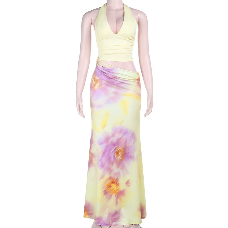 Hollow out v neck self tie halter flower print maxi dress - Image 2