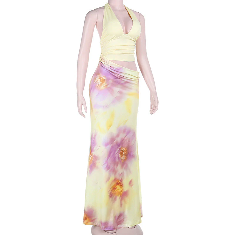Hollow out v neck self tie halter flower print maxi dress - Image 3