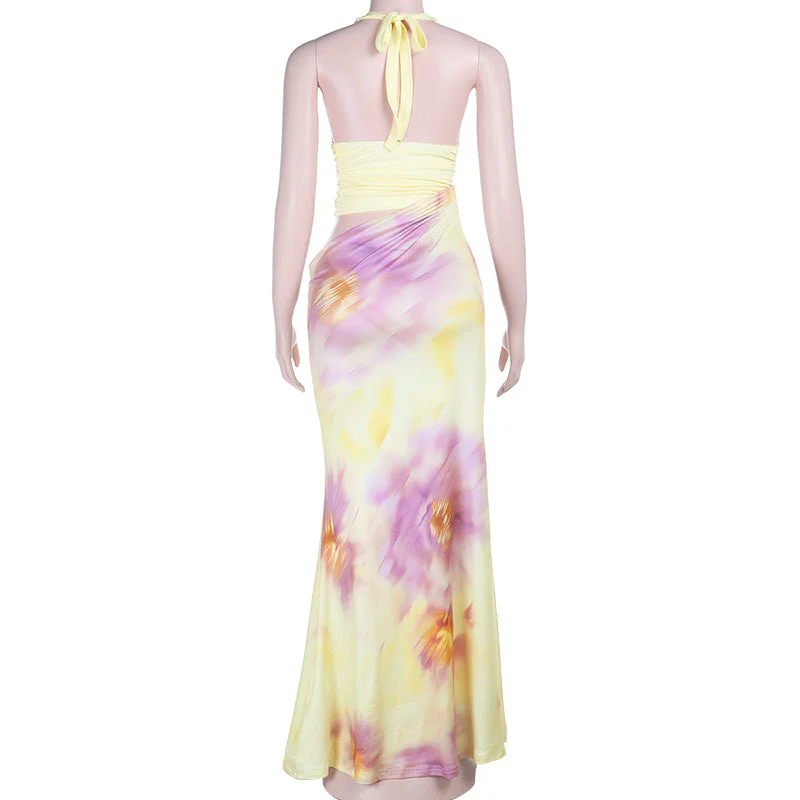 Hollow out v neck self tie halter flower print maxi dress - Image 4