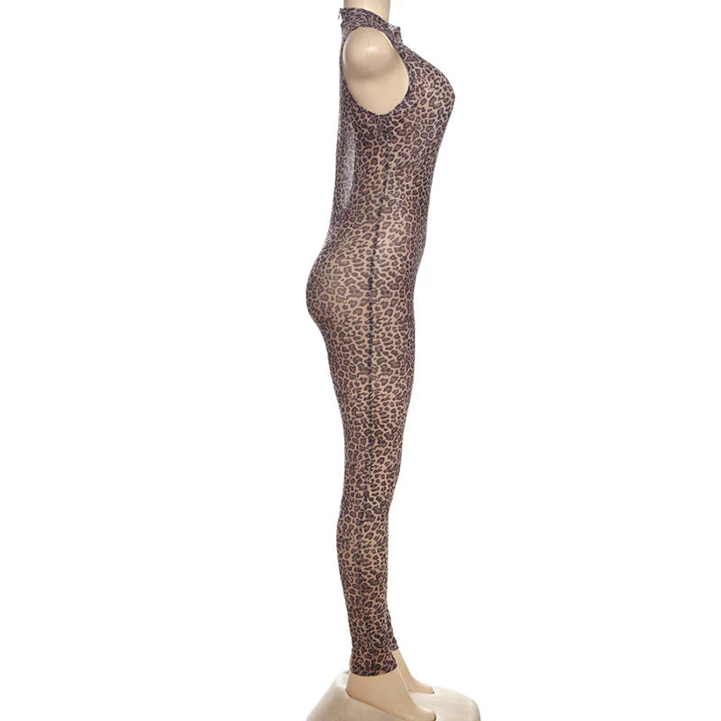 Hollow out zip-up leopard print crewneck jumpsuit - Image 3
