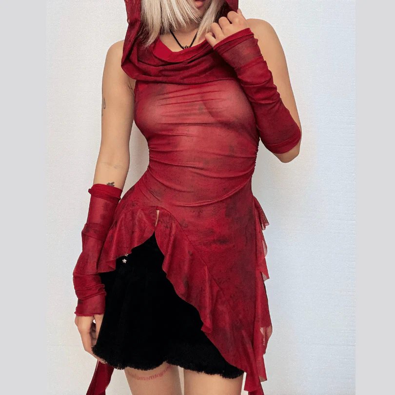 Hoodie cowl neck irregular gloves sheer mesh top - Image 2