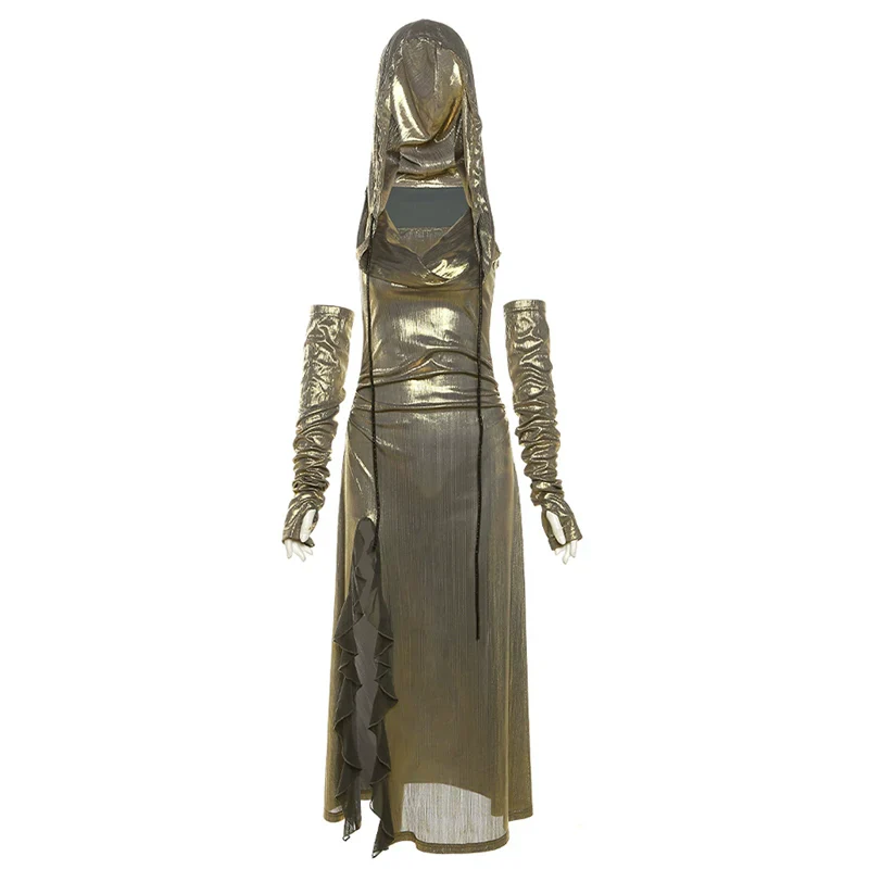 Hoodie high slit gloves irregular cowl neck metallic maxi dress - Image 10