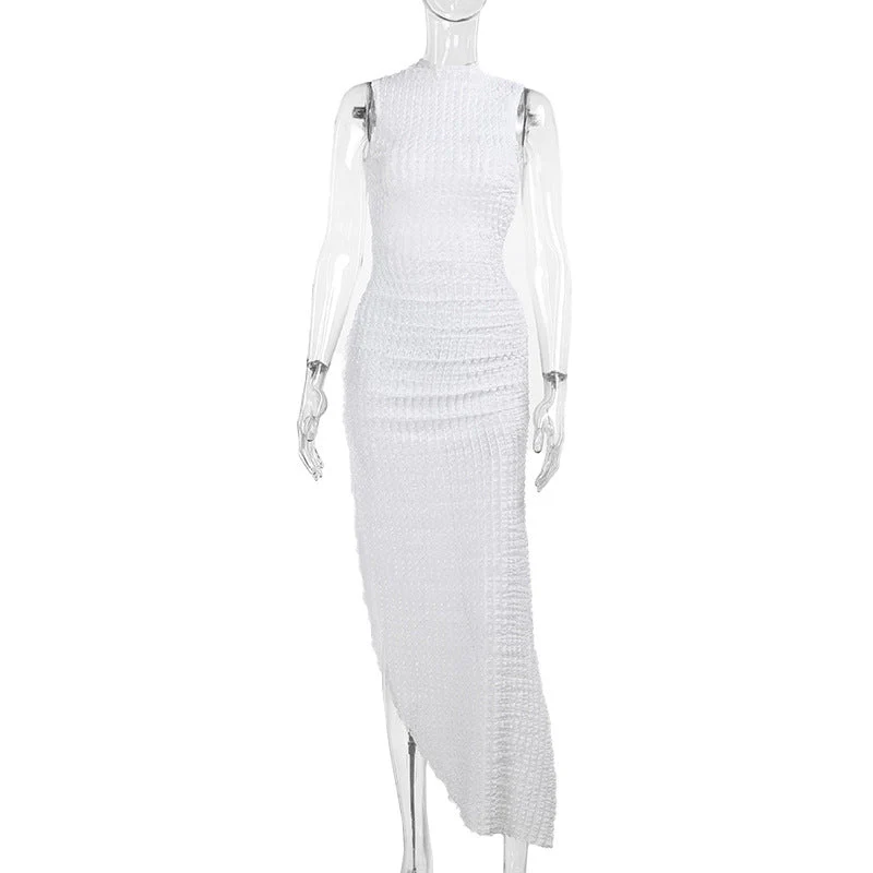 Hoodie Irregular slit crewneck ruched midi dress - Image 3