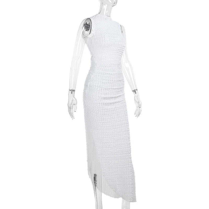 Hoodie Irregular slit crewneck ruched midi dress - Image 4
