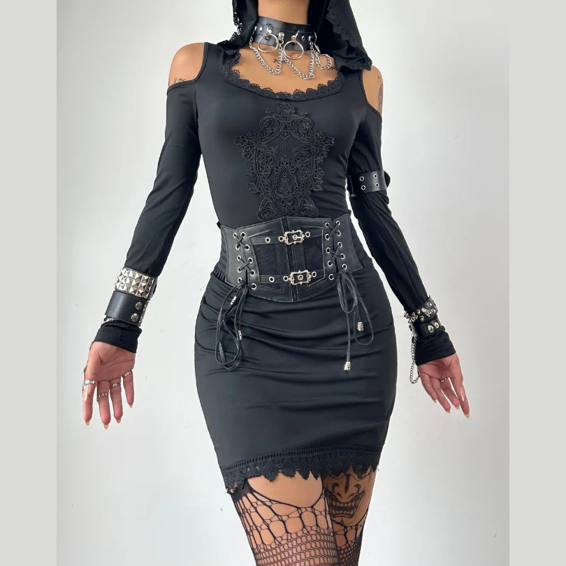 Hoodie long sleeve lace hem embroidery hollow out mini dress