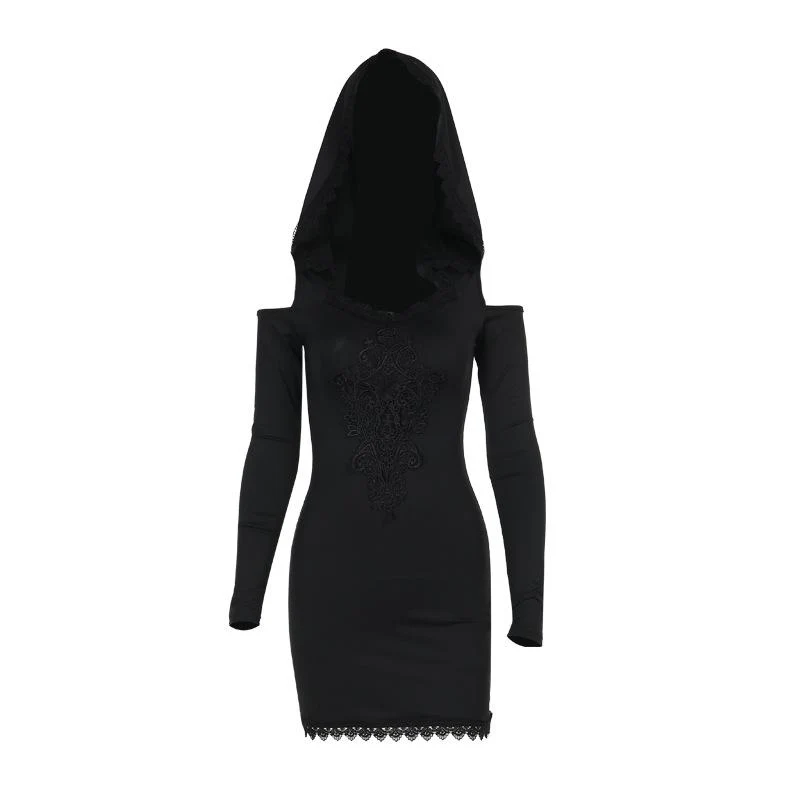 Hoodie long sleeve lace hem embroidery hollow out mini dress - Image 3