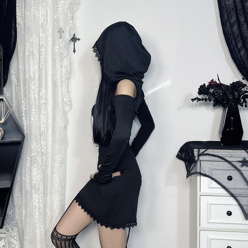 Hoodie long sleeve lace hem embroidery hollow out mini dress - Image 4