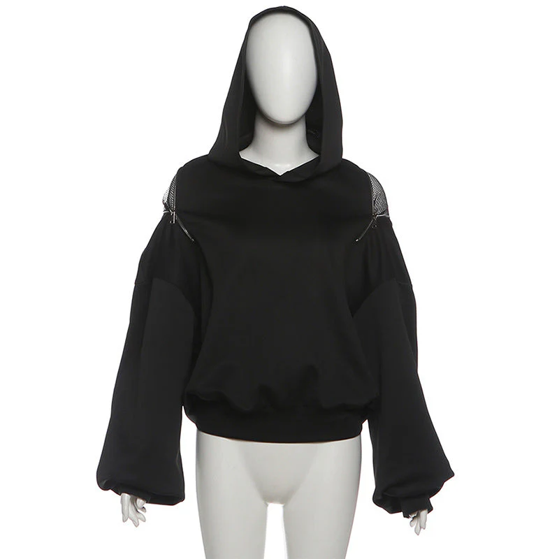 Hoodie long sleeve zip-up fishnet top - Image 3