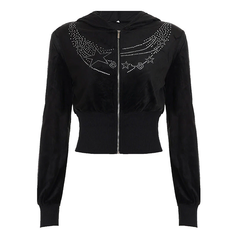 Hoodie long sleeve zip-up velvet beaded top - Image 2