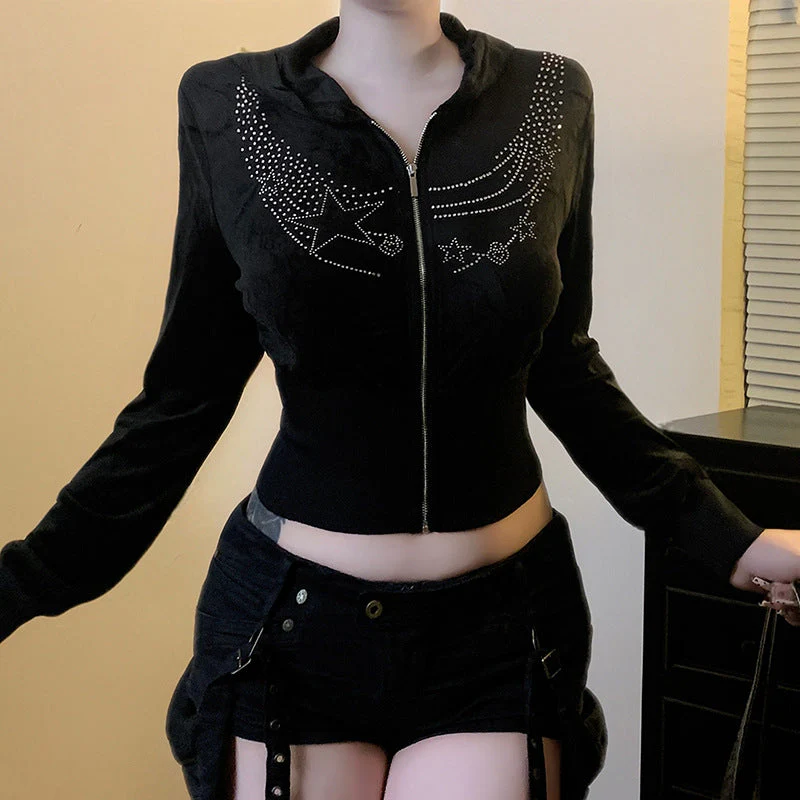 Hoodie long sleeve zip-up velvet beaded top - Image 3