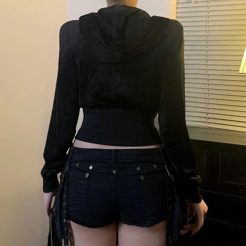 Hoodie long sleeve zip-up velvet beaded top - Image 4